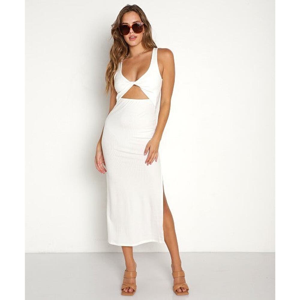 L SPACE Nico Ribbed Midi Dress With Twist Front And Slit Side Cream $132 Size M - Picture 5 of 9
